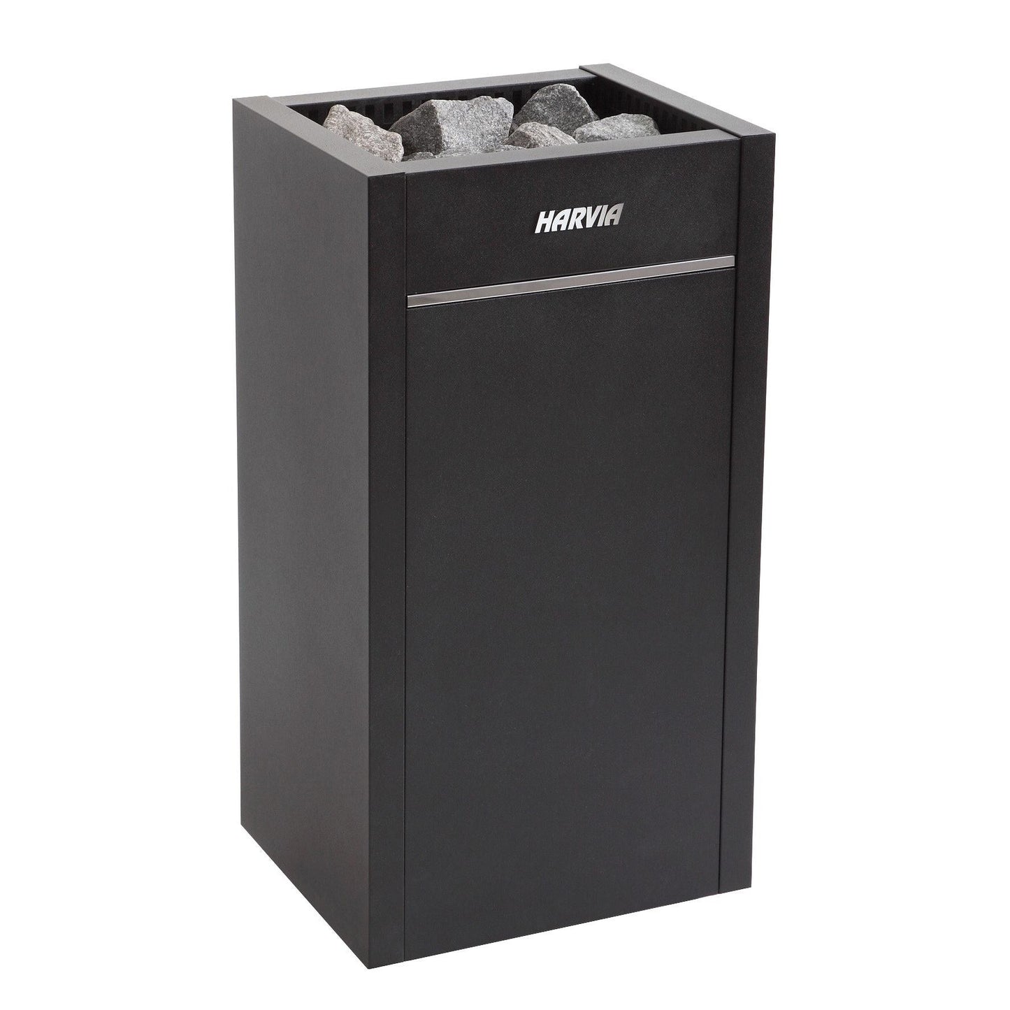 Harvia Virta HL90E electric sauna heater in graphite black, with the stone space loaded