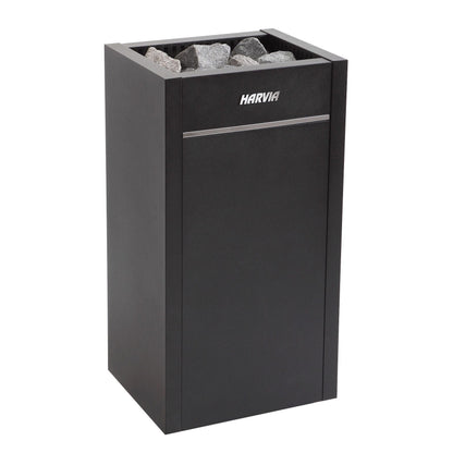 Harvia Virta HL90E electric sauna heater in graphite black, with the stone space loaded
