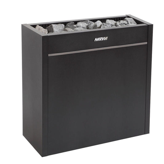 Harvia Virta Pro HL160E electric sauna heater in graphite black, with the stone space loaded