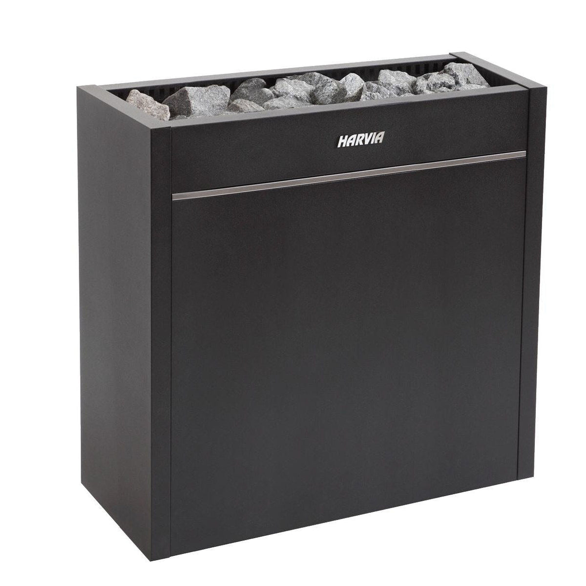 Harvia Virta Pro HL160E electric sauna heater in graphite black, with the stone space loaded