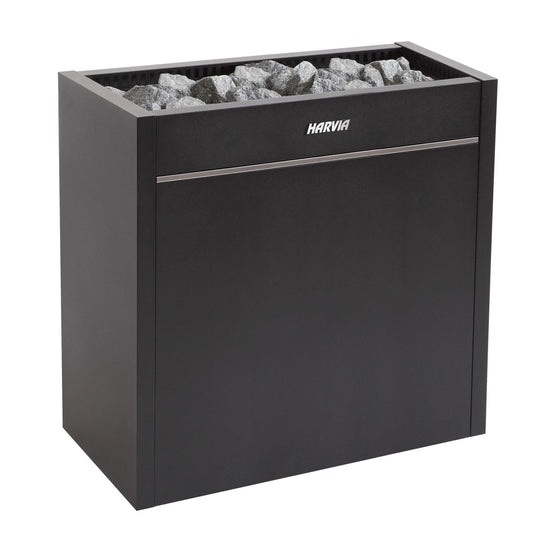 Harvia Virta Pro HL200E electric sauna heater in graphite black, with the stone space loaded