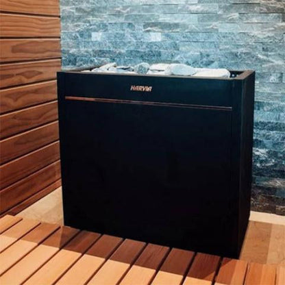 Harvia Virta Pro HL200E electric sauna heater installed in a finished sauna room