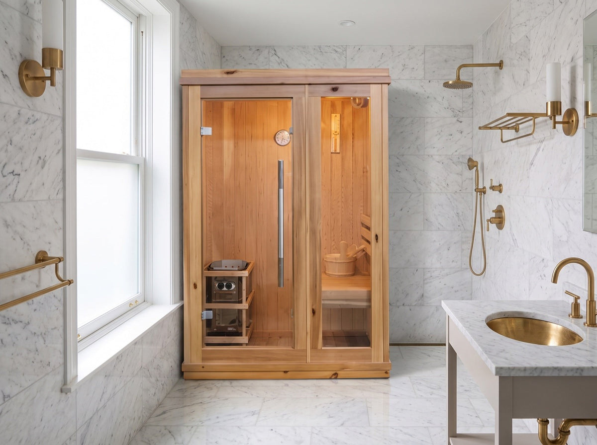 SunRay Aston 1-2 person indoor sauna in cedar in a bright room with white marble walls, beside a tall sash window