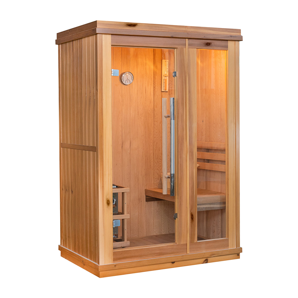 SunRay Aston 1-2 person indoor sauna, three-quarter view on white, with a full-height glass door, a glass side panel and the heater in its wooden guard
