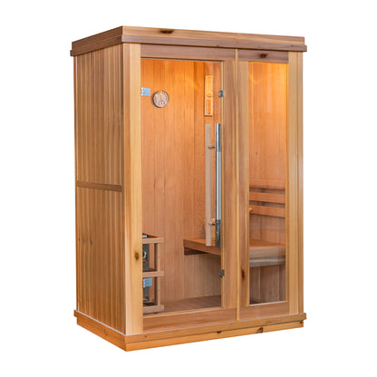 SunRay Aston 1-2 person indoor sauna, three-quarter view on white, with a full-height glass door, a glass side panel and the heater in its wooden guard