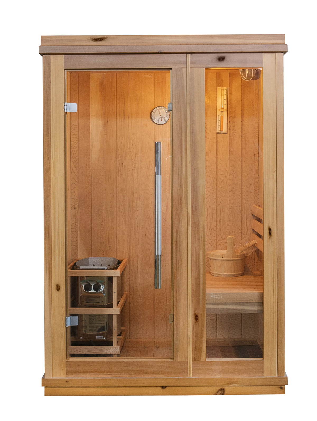 SunRay Aston front view on white: full-height glass door with a long pull handle beside a glass side panel, heater in its guard at the left