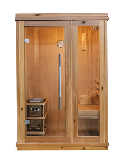 SunRay Aston front view on white: full-height glass door with a long pull handle beside a glass side panel, heater in its guard at the left