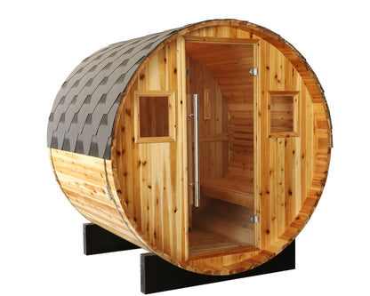 SunRay Aurora 2-4 person barrel sauna in western red cedar, three-quarter view with shingled roof, full glass door and two windows, on a white background