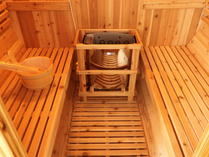 Looking down into the SunRay Aurora: heater inside its guard rail between two cedar benches, wooden bucket on the left