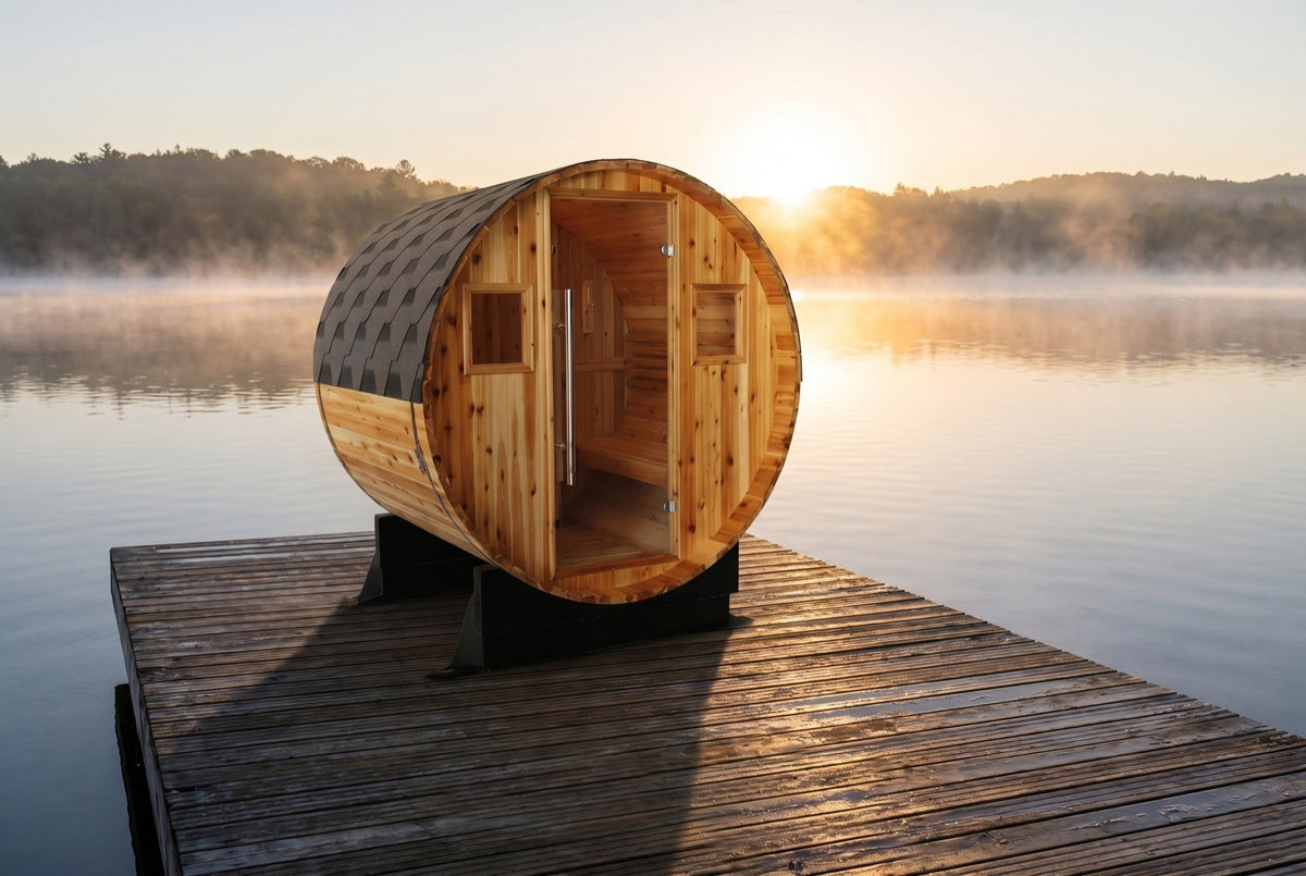 SunRay Aurora barrel sauna in western red cedar on a wooden dock over a misty lake at sunrise: glass door between two small windows under the shingled roof