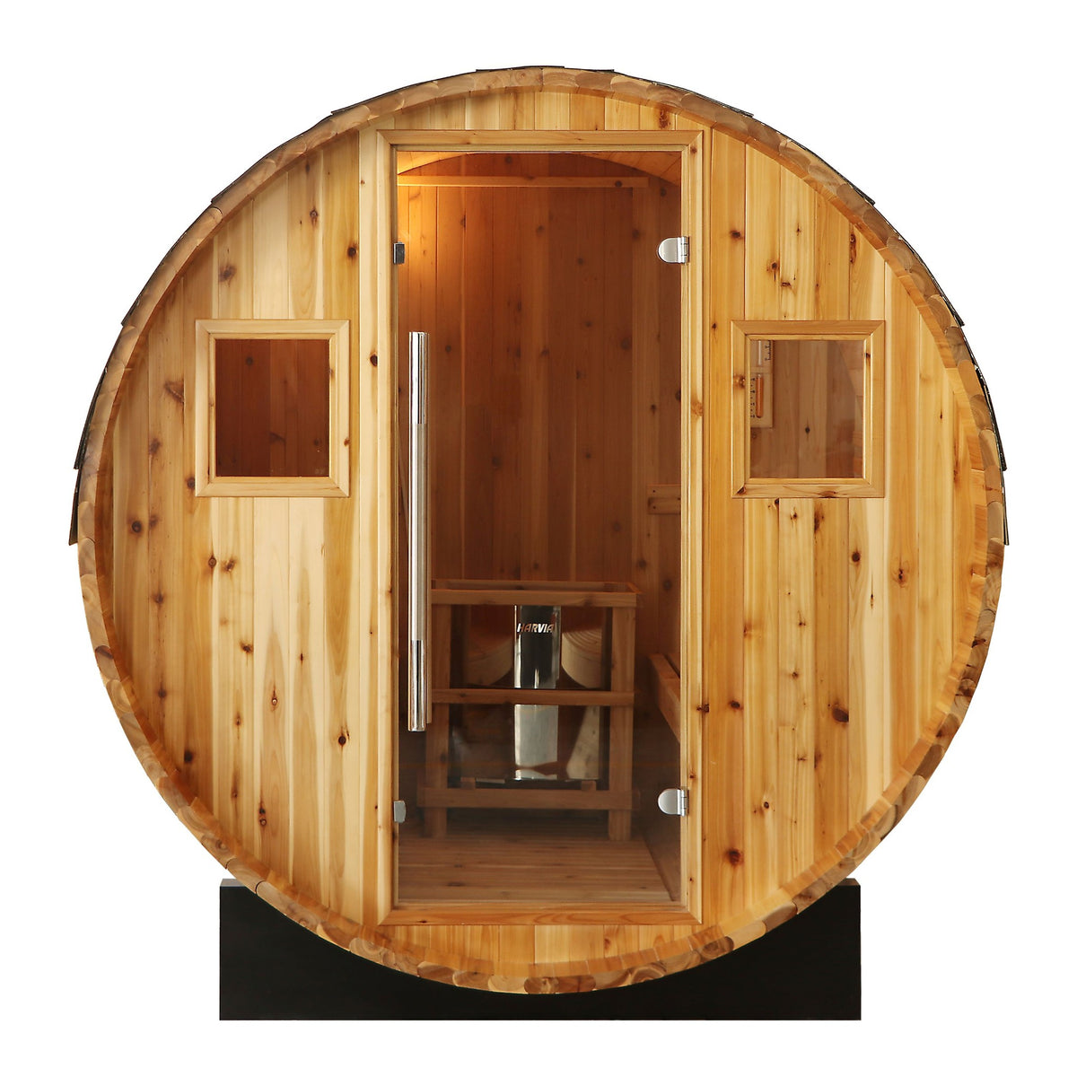 SunRay Aurora front view on white: full glass door between two windows in the round cedar end wall