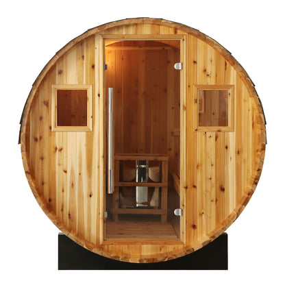 SunRay Aurora front view on white: full glass door between two windows in the round cedar end wall