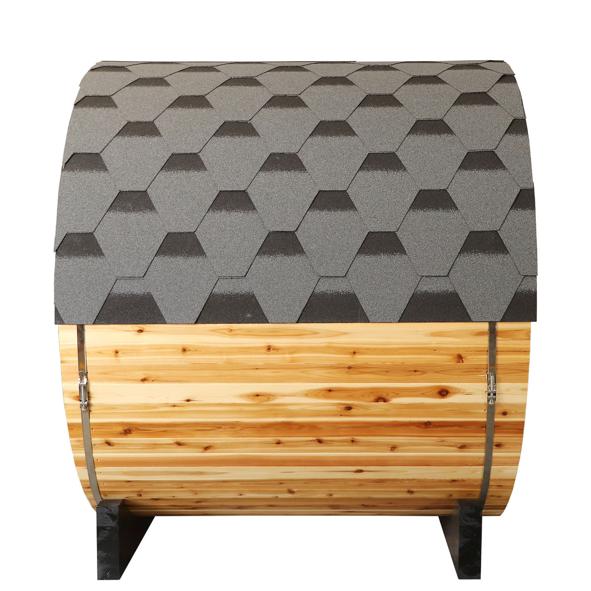 Side view of the SunRay Aurora barrel sauna showing the shingled roof cover, metal bands and cradle supports