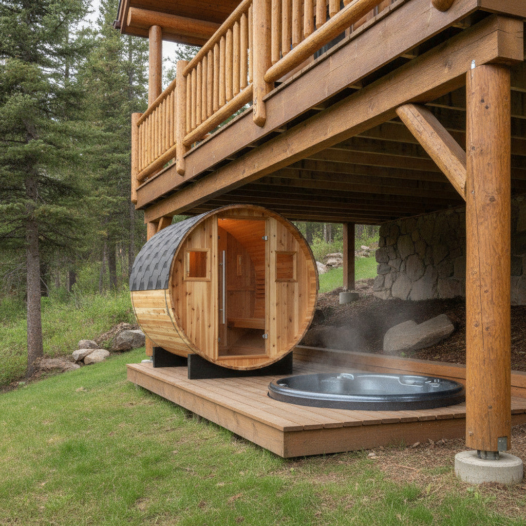 SunRay Aurora barrel sauna on a wooden deck under a raised log balcony, beside a hot tub at the edge of a forest