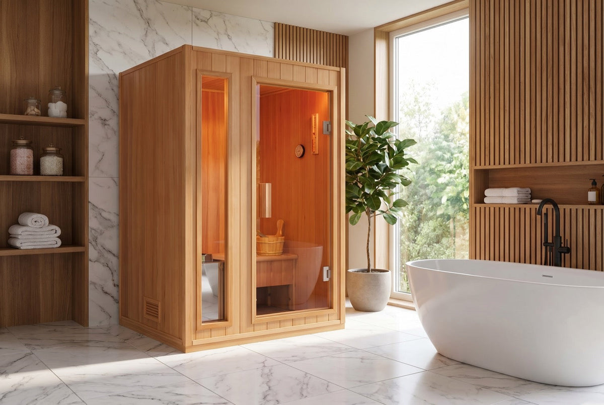 SunRay Baldwin 2-person indoor sauna in hemlock in a bright room with marble walls and a tall window: narrow glass side panel beside the glass door, bench and bucket behind the glass