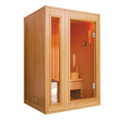 SunRay Baldwin 2-person indoor sauna in hemlock, three-quarter view on white: narrow glass side panel beside the glass door, bench and bucket inside