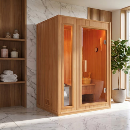 SunRay Baldwin indoor sauna for 2 in hemlock, glass door and narrow glass side panel with the bench and bucket inside, set against white marble walls beside open shelving and a potted fig tree