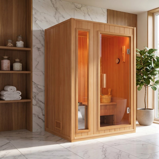 SunRay Baldwin indoor sauna for 2 in hemlock, glass door and narrow glass side panel with the bench and bucket inside, set against white marble walls beside open shelving and a potted fig tree
