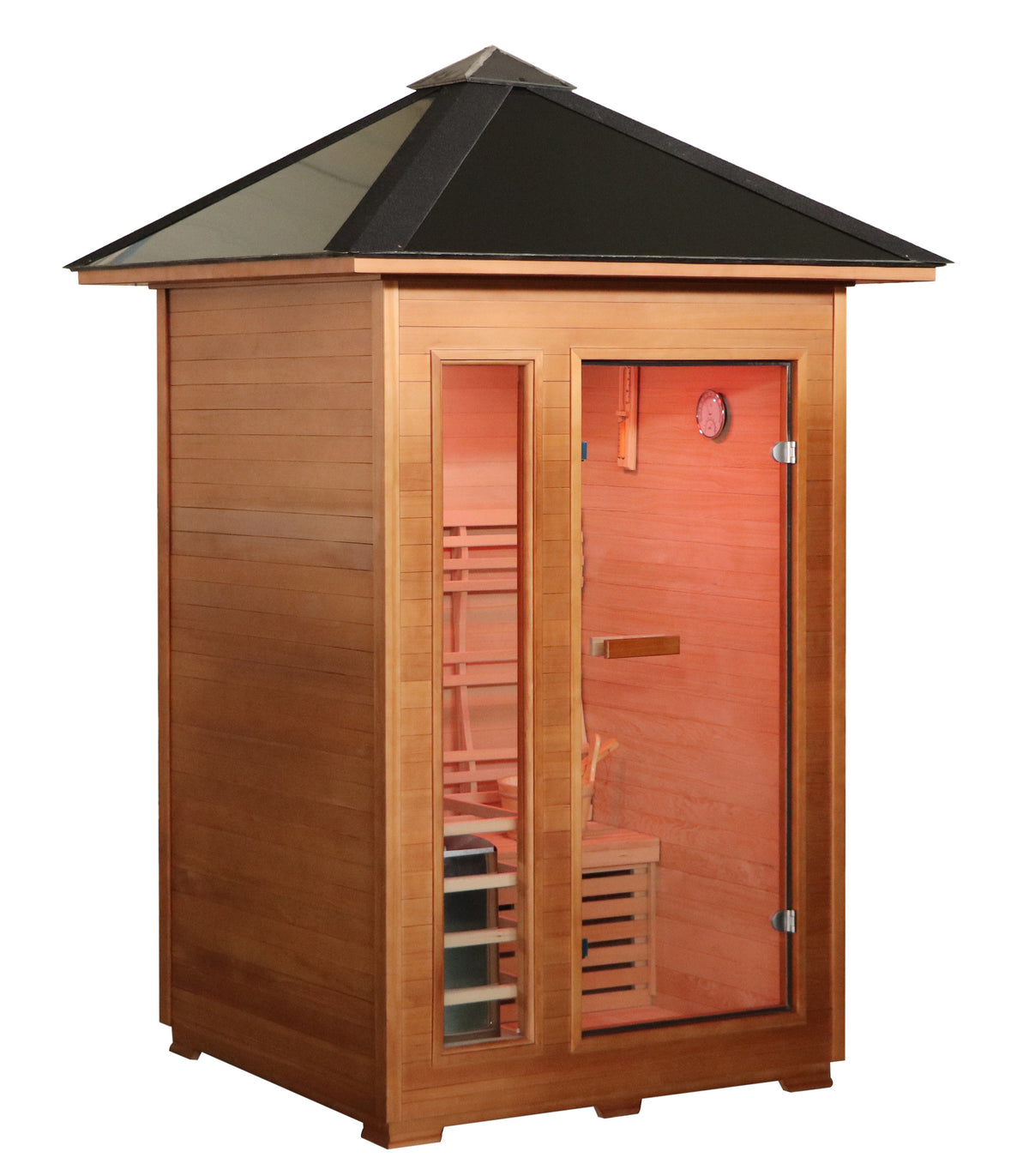 SunRay Bristow 2-person outdoor sauna, three-quarter view on white, with a black pitched roof, glass door and glass front window