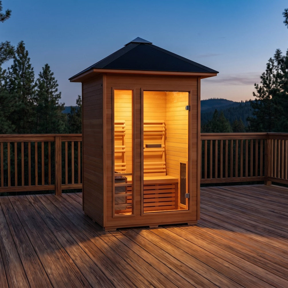 SunRay Bristow outdoor sauna for 2 in hemlock, glass door and narrow front window glowing at dusk under the black pitched roof, on a wooden deck with pine trees and hills behind