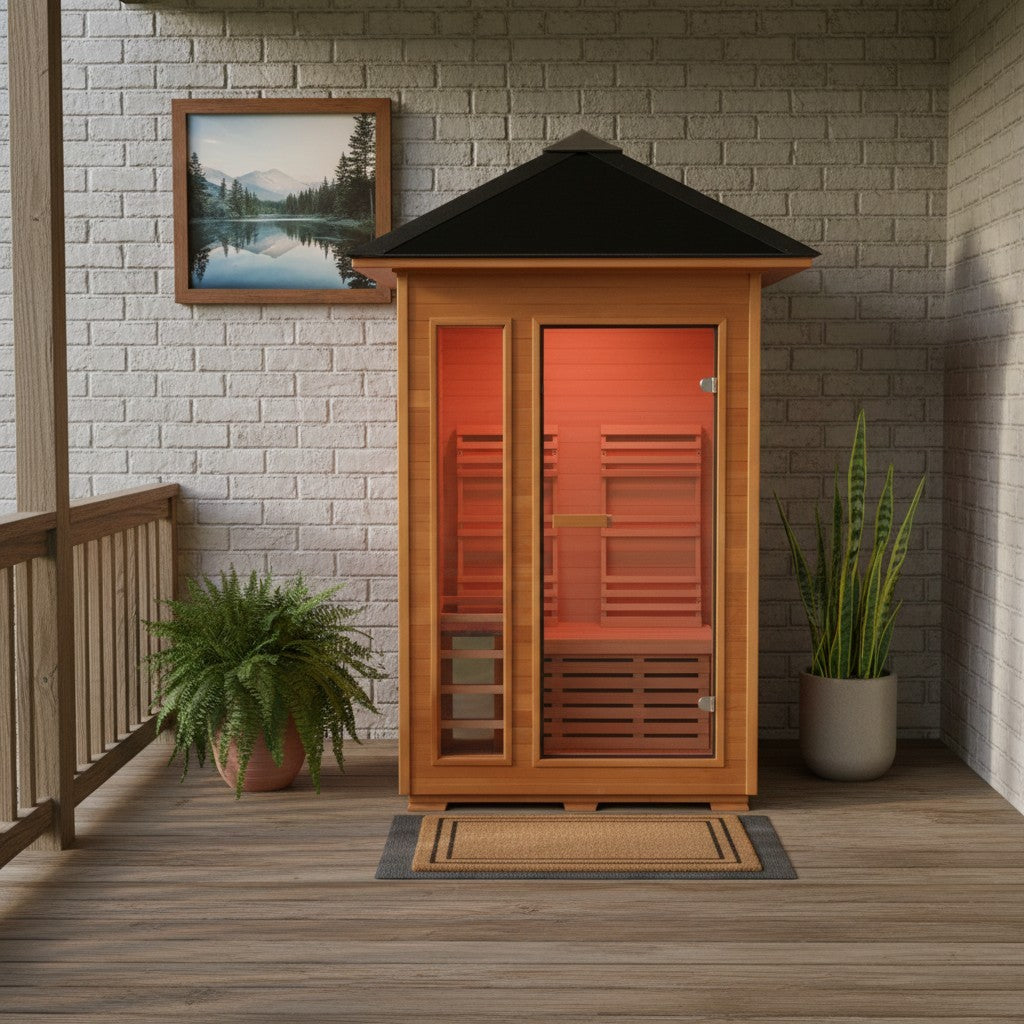 SunRay Bristow outdoor sauna on a covered deck against a white brick wall