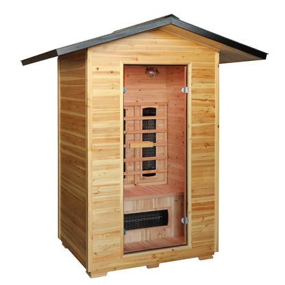 SunRay Burlington 2-person outdoor infrared sauna in hemlock, three-quarter view with pitched black metal roof and glass door, on a white background