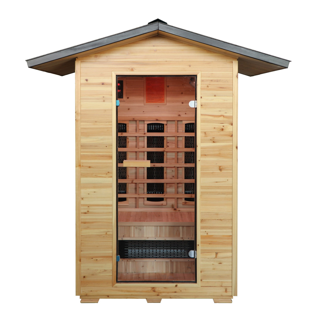 SunRay Burlington straight-on front view: glass door under the pitched black metal roof, on a white background