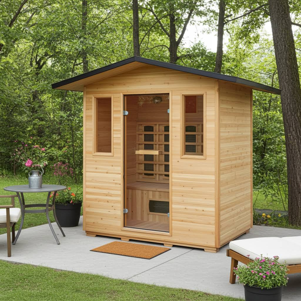 SunRay Cayenne outdoor infrared sauna on a concrete patio among trees, with a bistro table and a lounger