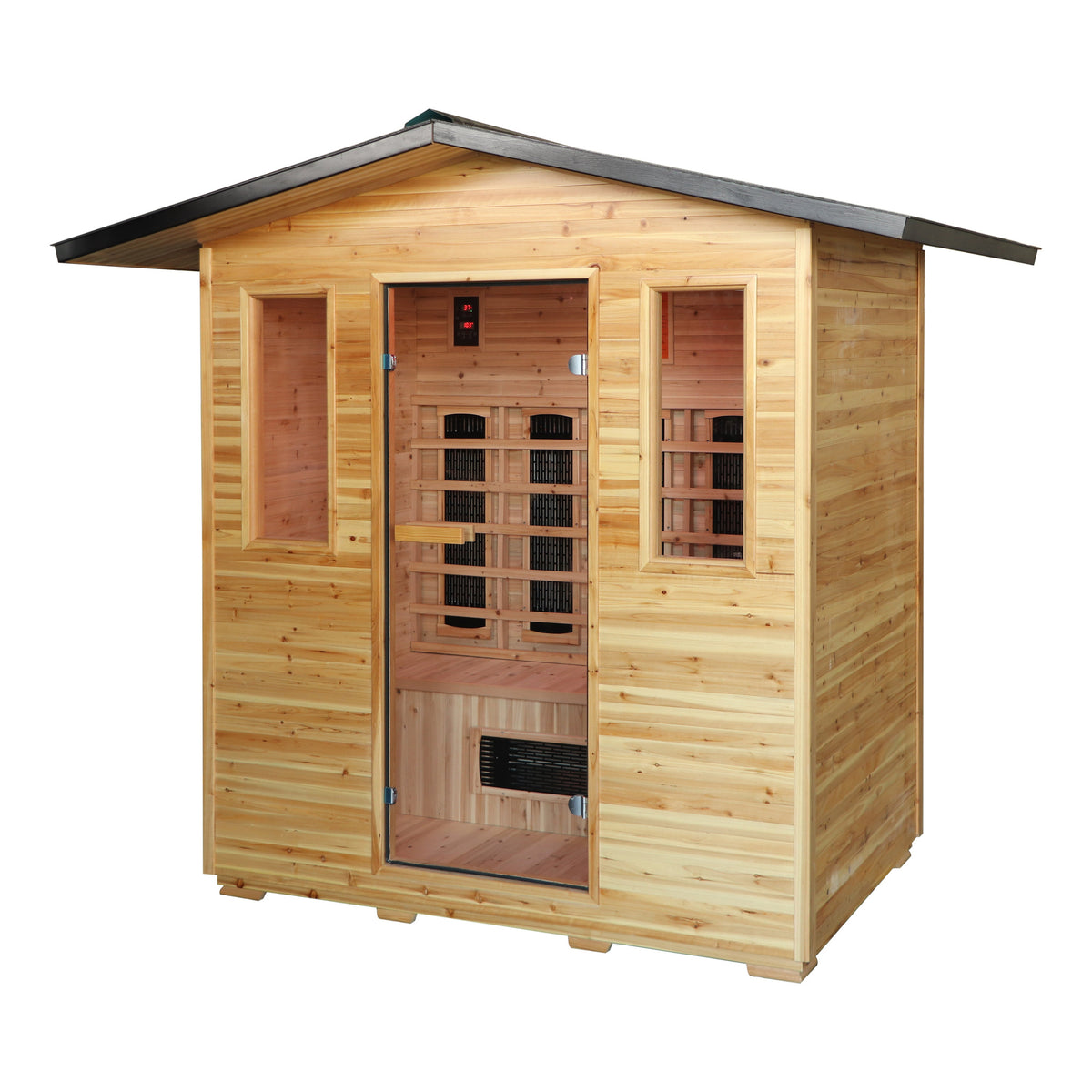 SunRay Cayenne 4-person outdoor infrared sauna in hemlock, three-quarter view with pitched black roof, glass door and two windows, on a white background