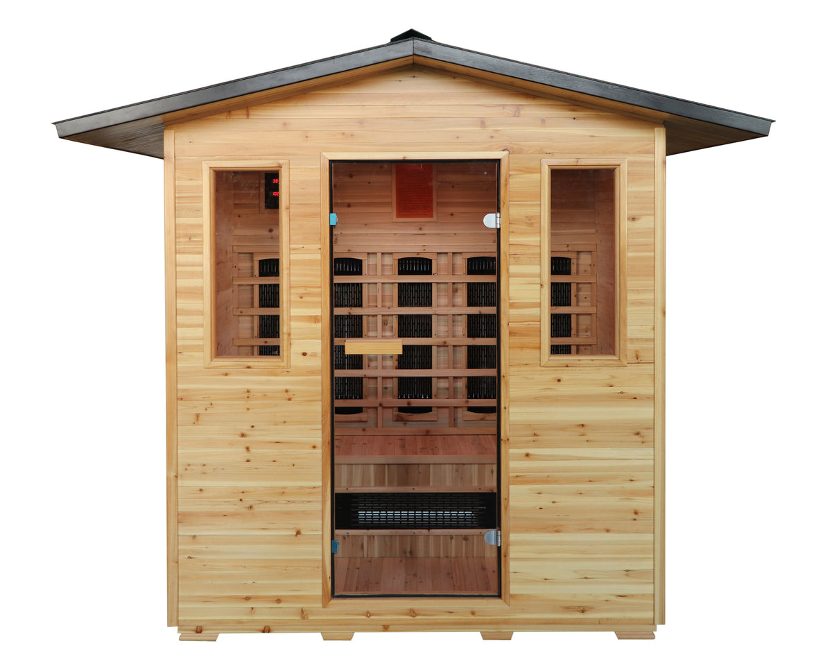 SunRay Cayenne straight-on front view: glass door between two windows under the pitched black roof, on a white background