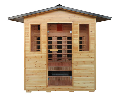 SunRay Cayenne straight-on front view: glass door between two windows under the pitched black roof, on a white background