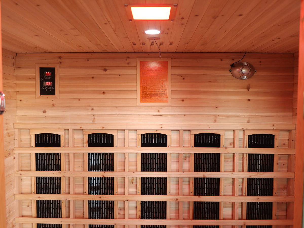 SunRay Cayenne back wall: five infrared heater panels behind the backrest, control panel and ceiling light