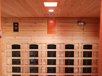 SunRay Cayenne back wall: five infrared heater panels behind the backrest, control panel and ceiling light