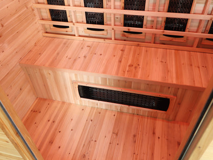 Looking down at the SunRay Cayenne bench, with the infrared panel set in the bench front and more panels behind the backrest