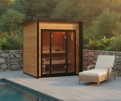 SunRay Cayman outdoor sauna on a poolside terrace beside a lounger and a stone wall