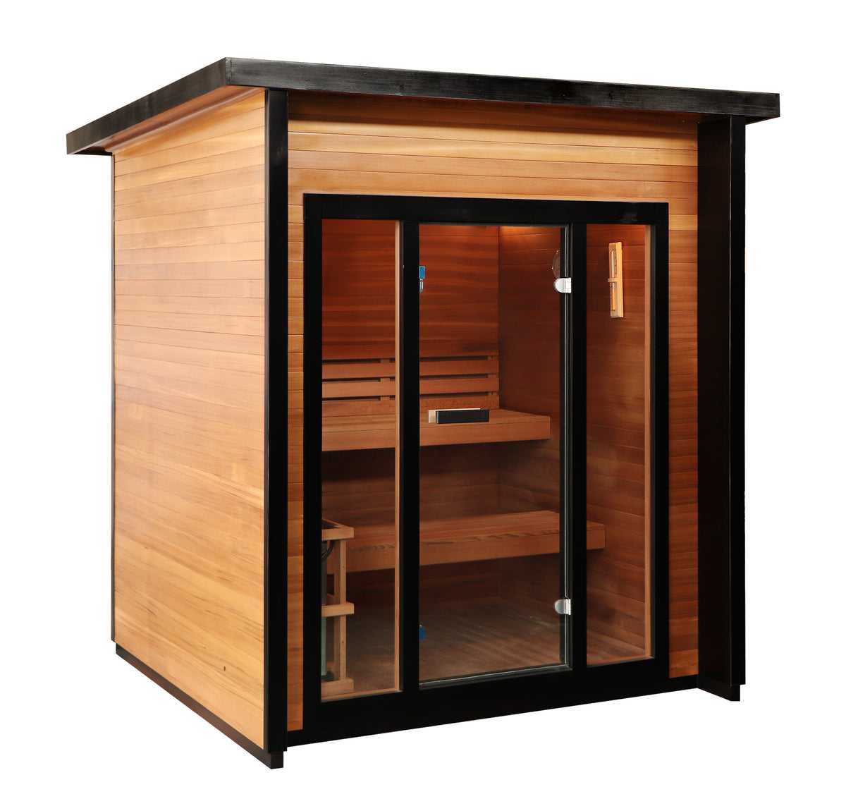 SunRay Cayman 4-person outdoor sauna, three-quarter view on white, with a flat roof and a black-framed glass front with a center door