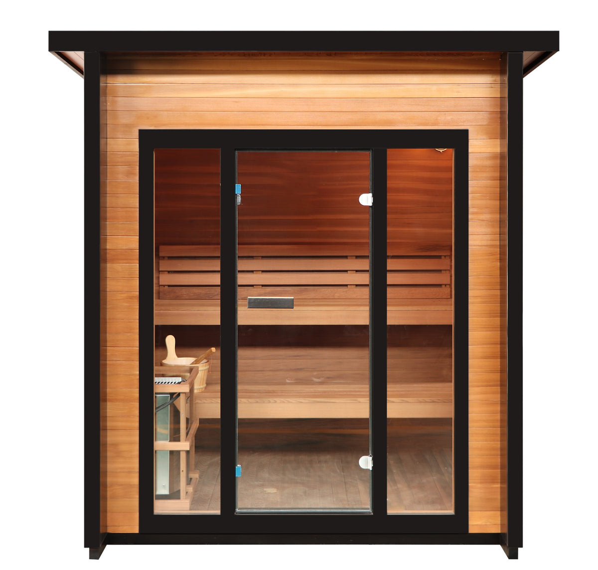 SunRay Cayman front view on white: three-panel black-framed glass front with a center door