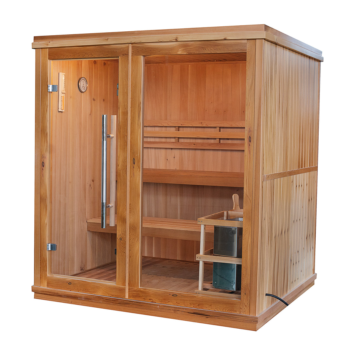 SunRay Charleston 4-person cedar indoor sauna on white, three-quarter view from the right: cedar side wall, glass door with a long stainless handle, a wide glass panel and the heater inside