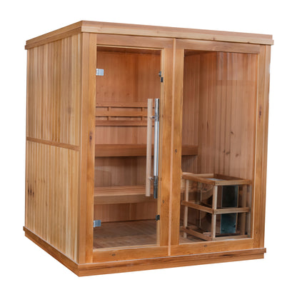 SunRay Charleston 4-person cedar indoor sauna, three-quarter view on white, with a glass door and a wide glass panel showing the two-tier benches and the heater