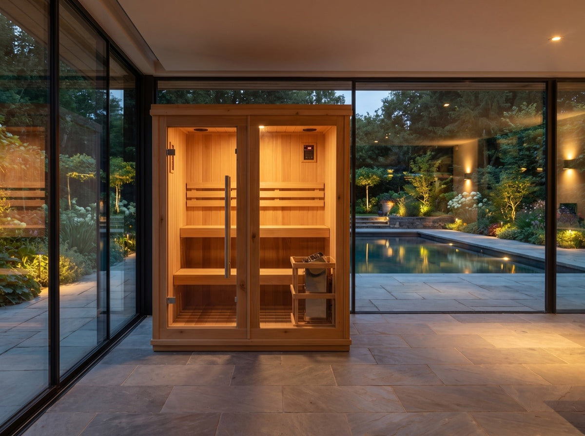 SunRay Charleston 4-person cedar indoor sauna in a glass-walled pool house at dusk, two-tier benches and heater lit behind the glass front