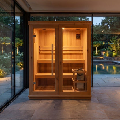SunRay Charleston indoor sauna for 4 in cedar, glass door and glass panel showing the two bench levels and heater, inside a glass walled garden room with a lit pool beyond at dusk
