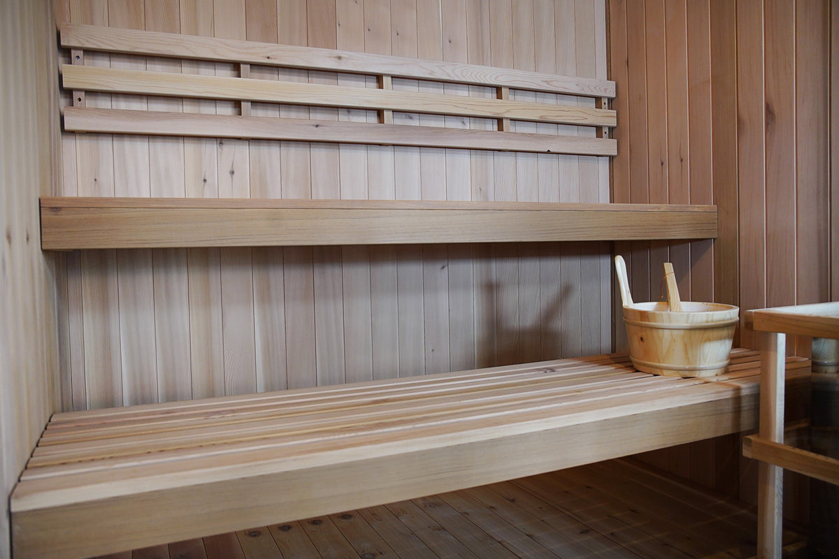 Two-tier benches with backrest inside the SunRay Charleston, bucket on the bench beside the heater guard