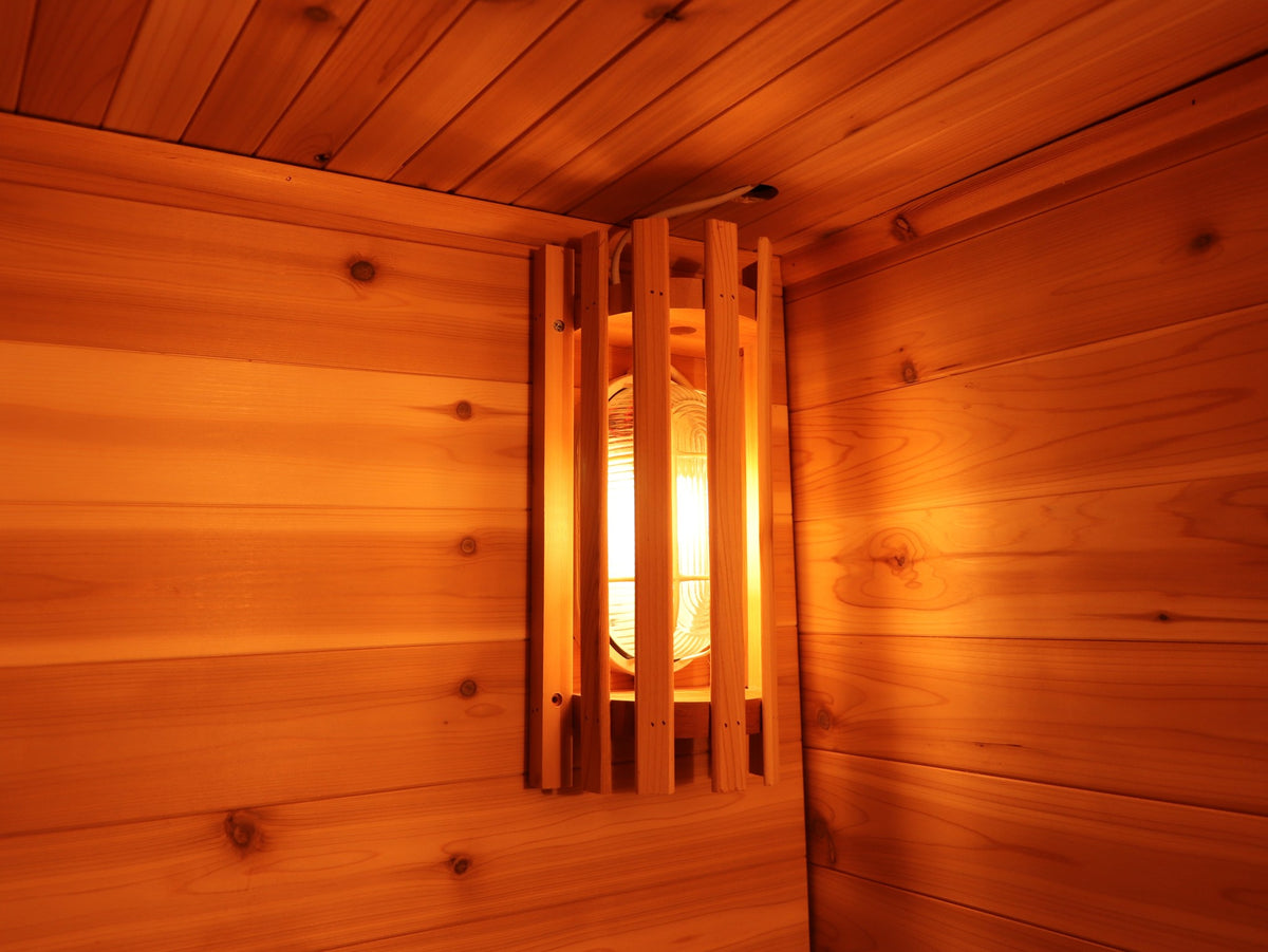 Slatted wooden wall light in a corner of the SunRay Denali