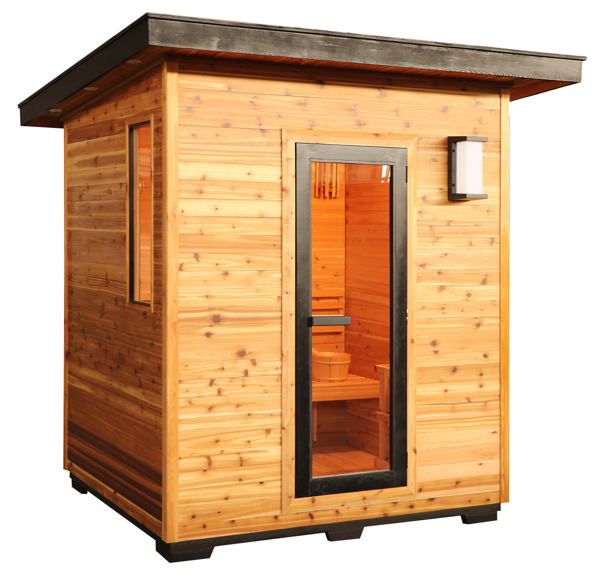 SunRay Denali 4-person outdoor sauna, three-quarter view on white, with a flat overhanging roof, black-framed glass door, side window and wall lamp
