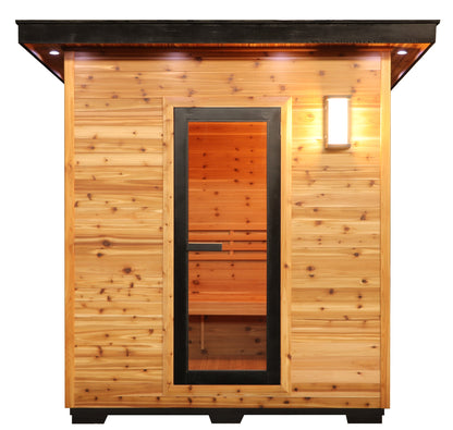 SunRay Denali front view on white: black-framed glass door, lit wall lamp and roof-edge lights under the flat roof