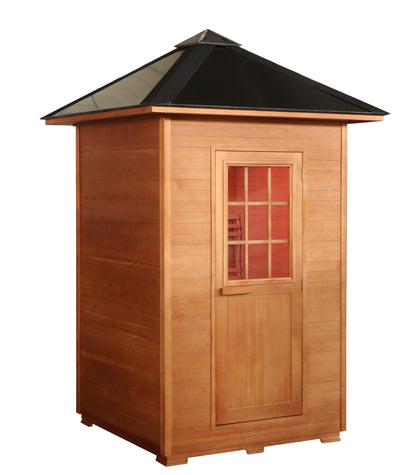 SunRay Eagle 2-person outdoor sauna, three-quarter view on white, with a black pitched roof and a wooden door with a multi-pane window