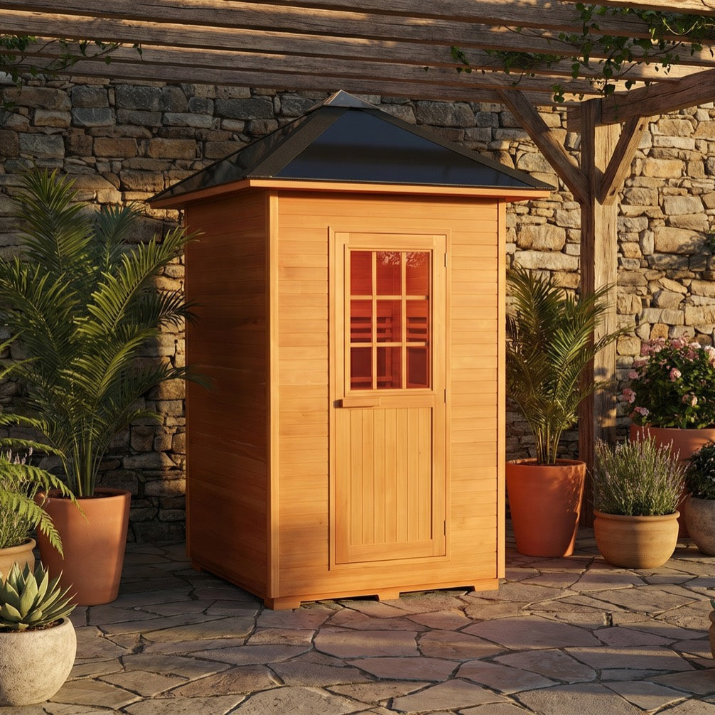 SunRay Eagle outdoor sauna for 2 in hemlock, wooden door with a multi pane window under the black pitched roof, among potted palms and flowers on a flagstone patio with a stone wall and pergola