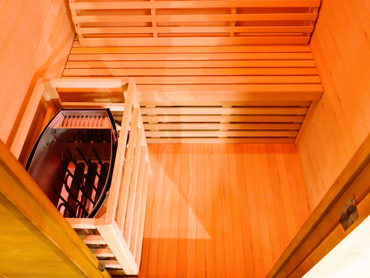 Looking down on the bench and heater in its wooden guard inside the SunRay Eagle (interior shared with the Bristow)