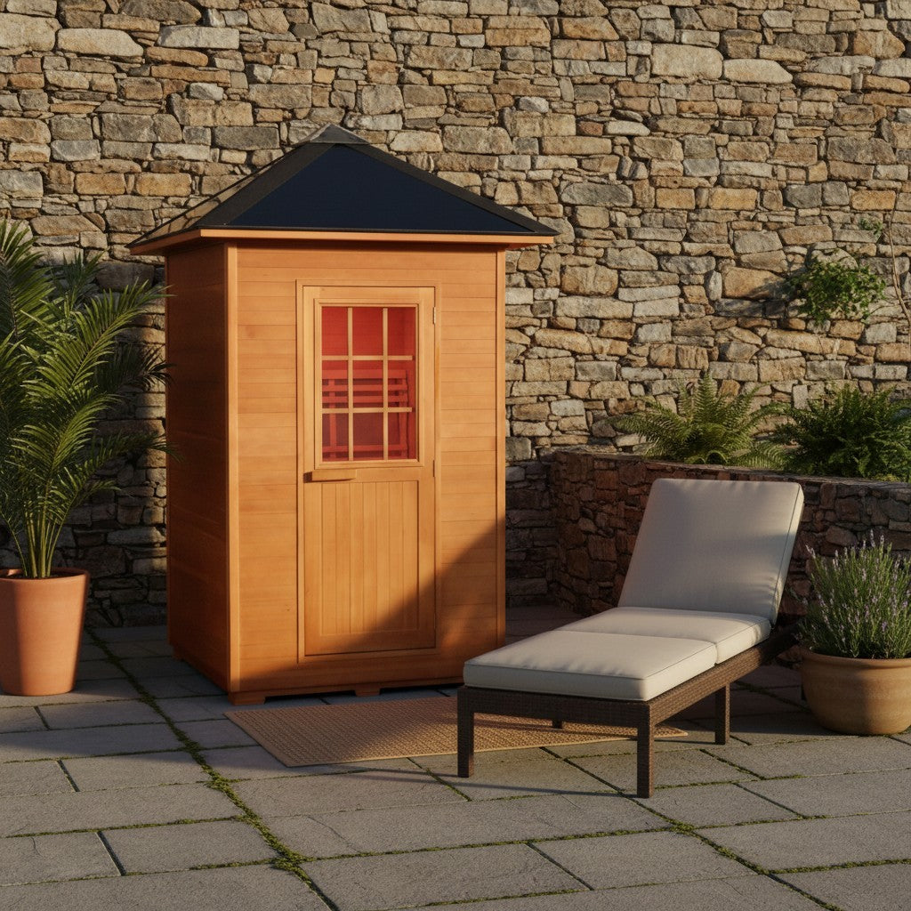 SunRay Eagle outdoor sauna on a patio beside a lounger and a stone wall