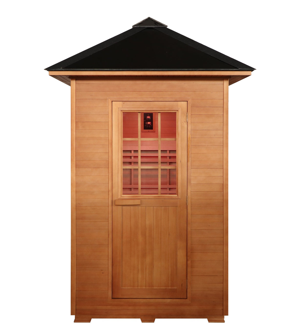 SunRay Eagle front view on white: wooden door with a multi-pane window under the black pitched roof